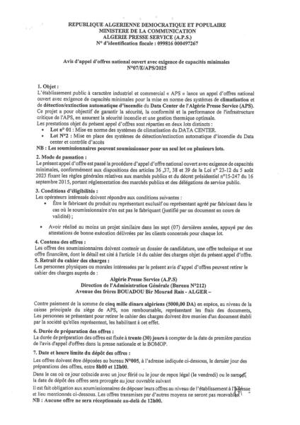 Appel d’offres N°07/E/APS/2025