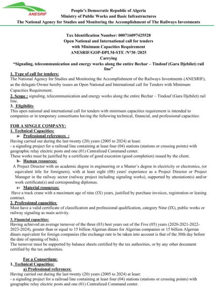 Open National & International Call for Tenders N°30/2025