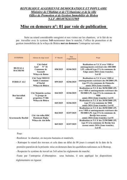 Mise en demeure n°: 01 par voie de publication