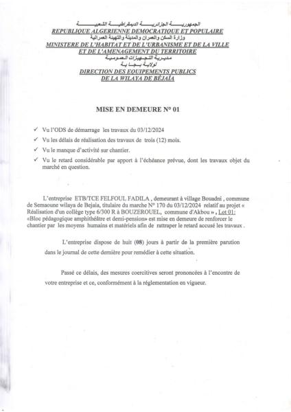 MISE EN DEMEURE N°01