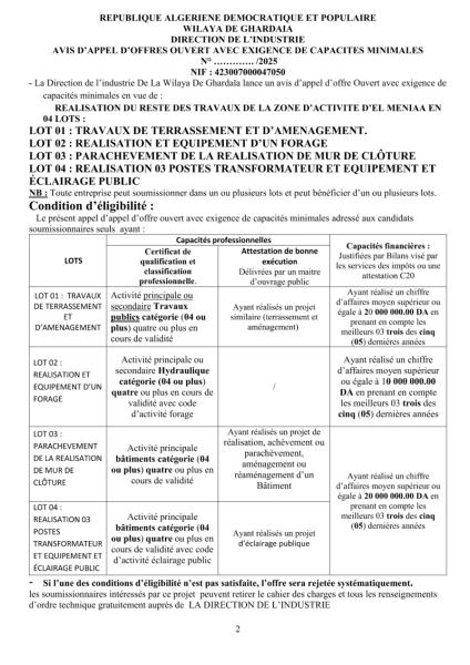 AVIS D'APPEL D'OFFRES OUVERT AVEC EXIGENCE DE CAPACITE MINIMALES N° ...../2025
