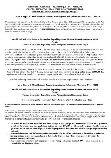 AVIS D'APPEL D'OFFRES NATIONALE OUVERT AVEC EXIGENCE DE CAPACITE MINIMALES N° 135/2025