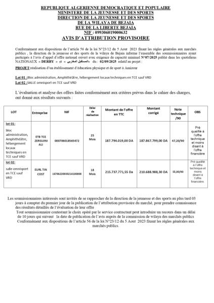 AVIS D'ATTRIBUTION PROVISOIRE