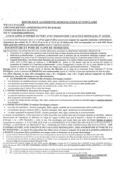 AVIS D'APPEL D'OFFRES OUVERT AVEC EXIGENCE DE CAPACITE MINIMALES N°14/2025