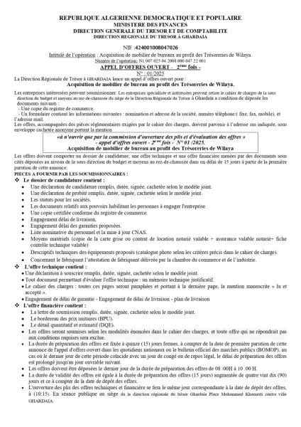 APPEL D'OFFRES OUVERT -2eme FOIS- N° 01/2025