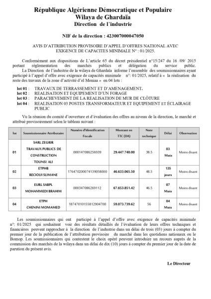 AVIS D'ATTRIBUTION PROVISOIRE D'APPEL D'OFFRES NATIONAL OUVERT AVEC EXIGENCE DE CAPACITE MINIMALES N° 01/2025