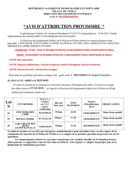 AVIS D'ATTRIBUTION PROVISOIRE