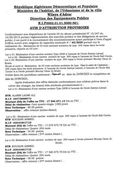 AVIS D'ATTRIBUTION PROVISOIRE