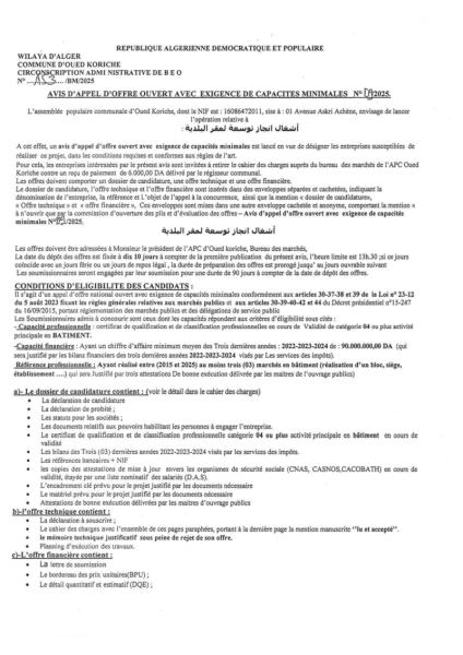 AVIS D'APPEL D'OFFRES OUVERT AVEC EXIGENCE DE CAPACITE MINIMALES DEUXIÈME FOIS N° 09 / 2025