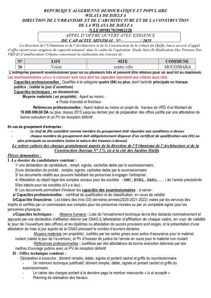 APPEL D'OFFRES OUVERT AVEC EXIGENCE DE CAPACITE MINIMALES DEUXIÈME FOIS N° ......... / 2025