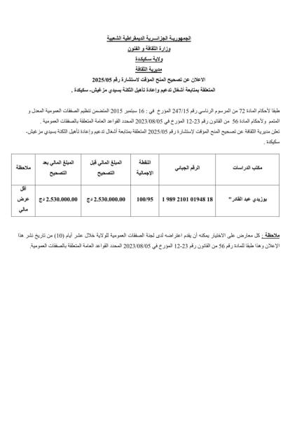 الإعلان عن تصحيح المنح المؤقت لاستشارة رقم 2025/05