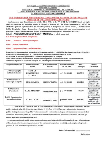 Avis d’appel d’offres national ouvert avec exigence de capacités minimales