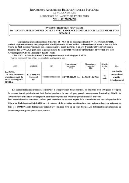 AVIS D'ATTRIBUTION PROVISOIRE DE L'AVIS D'APPEL D'OFFRES NATIONAL OUVERT AVEC EXIGENCE DE CAPACITE MINIMALES POUR LA DEUXIEME FOIS N° 06/2025