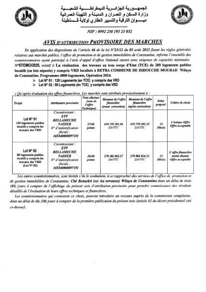AVIS D'ATTRIBUTION PROVISOIRE DES MARCHES