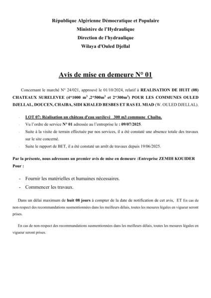 Avis de mise en demeure N° 01
