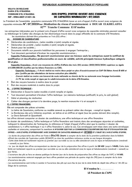 AVIS D'APPEL D'OFFRES OUVERT AVEC EXIGENCE DE CAPACITE MINIMALES N° 07/2025