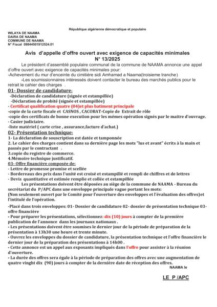 AVIS D'APPEL D'OFFRES OUVERT AVEC EXIGENCE DE CAPACITE MINIMALES N° 13/2025