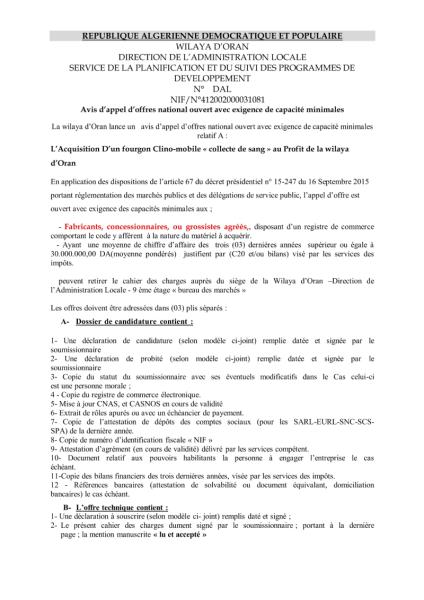 AVIS D'APPEL D'OFFRES NATIONALE OUVERT AVEC EXIGENCE DE CAPACITE MINIMALES