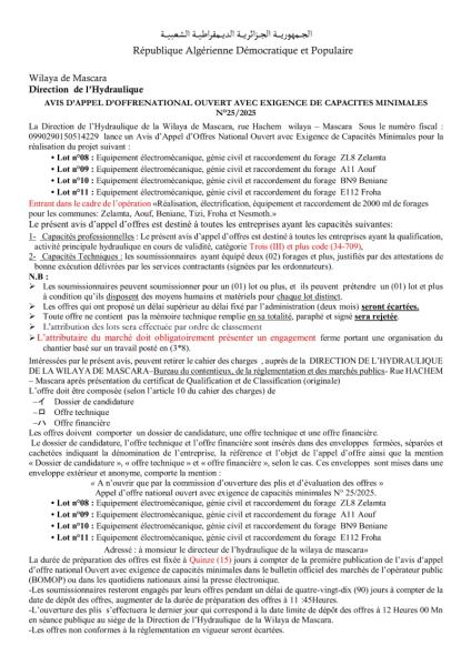 AVIS D'APPEL D'OFFRES NATIONAL OUVERT AVEC EXIGENCE DE CAPACITE MINIMALES N°25/2025