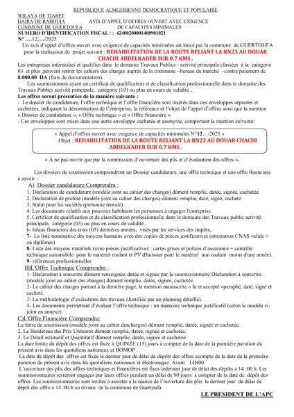 AVIS D'APPEL D'OFFRES OUVERT AVEC EXIGENCE DE CAPACITE MINIMALES