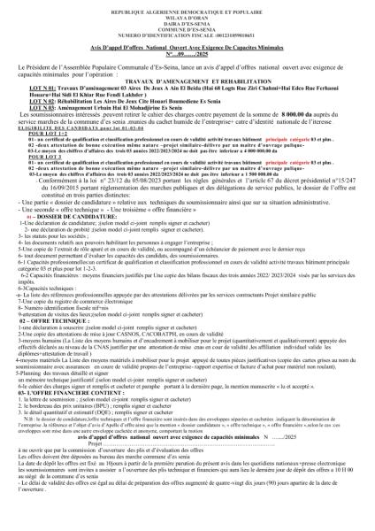 AVIS D'APPEL D'OFFRES NATIONAL OUVERT AVEC EXIGENCE DE CAPACITE MINIMALES N° 09 / 2025
